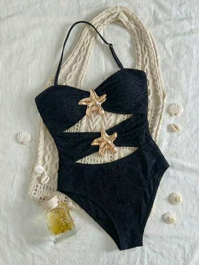 SHEIN Teen Girls V-Neck Floral Metal Buckle Textured Knit Backless One-Piece Swimsuit, Vacation Beachwear