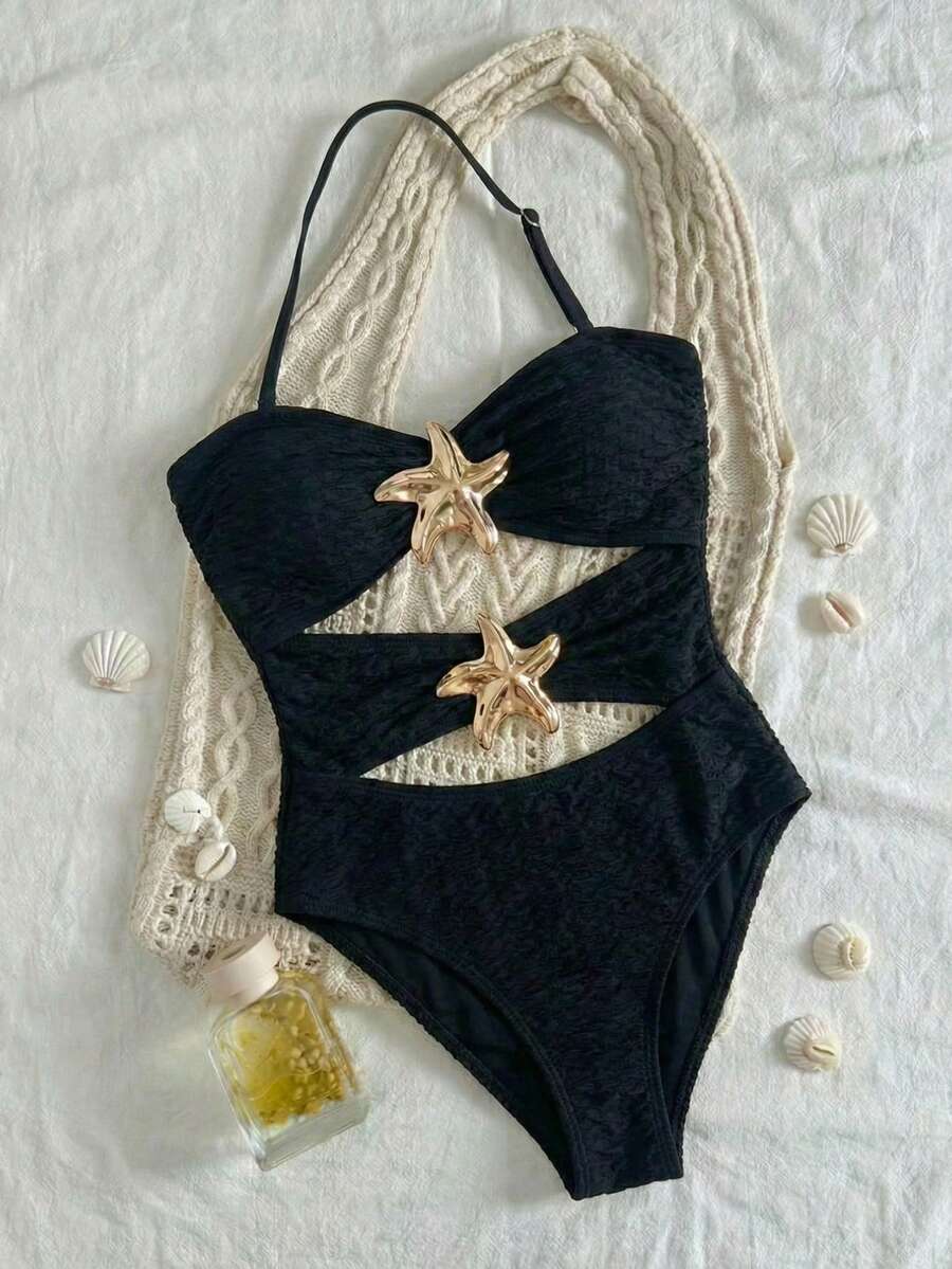 SHEIN Teen Girls V-Neck Floral Metal Buckle Textured Knit Backless One-Piece Swimsuit, Vacation Beachwear - Black - View 1