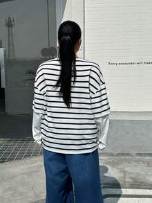 Muchica 大码女式条纹圆领休闲宽松长袖T恤 - 黑與白 - 查看 3