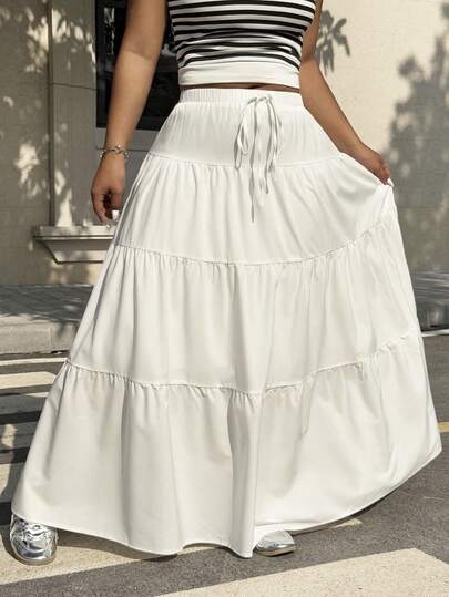 Muchica Plus Size Women Solid Color Waist Tie Ruffle Hem Casual Skirt