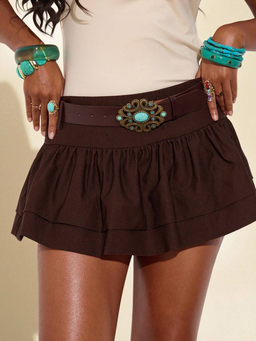 SHEIN BAE Women's Western Style Casual Belted Skirt Brown Skirt Skort Shorts Skirt Women's Skirt Hippie Skirt,Vacation Women,Summer,Beach For Woman, Brown Skirt - Brown - View 1