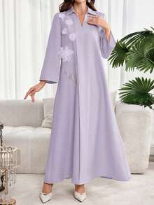 Al Najma Women's Elegant 3D Floral Decor Long Sleeve Arabic Style Dress - Purple - View 3