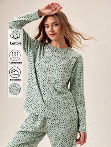 Loomlin COTTON WOMEN 2 PCS ROUND NECK WITH CONTRAST COLOUR HEART PATTERN LONG SLEEVE SHIRT&PANT HOMEWEAR COMFORT SET - Mint Green - View 6