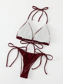 SHEIN Swim 1 Bộ đồ bơi bikini buộc dây màu trơn cho nữ, đồ đi biển - Màu Đỏ Sâu - Xem 4
