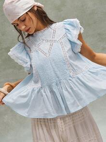 Bohemela 女士夏季浪漫度假法式波西米亚音乐节刺绣荷叶边蕾丝拼接衬衫，自由休闲风格。轻松自在的穿搭风格，时尚女士服装，海滩，夏季度假 - 藍色 - 查看 2
