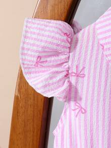 1pc Girls Sweet School Style Pink & White Striped Textured Collar Flare Sleeve Bow Print Mesh Dress, Cute Princess Style For Daily Wear, Birthday Party, Spring/Summer - Pink - View 5