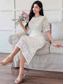 DAZY Đầm midi ren thêu cao cấp, đầm dự tiệc mùa hè thanh lịch kiểu Pháp cổ tròn xẻ tà dành cho nữ. - trắng - Xem 4