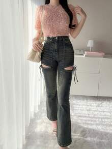 FRIFUL Damen einfarbiges Textil-T-Shirt mit kurzen Ärmeln, figurbetonter Passform, vielseitig einsetzbar, Frühling/Sommer - Altrosa - Übersicht 2