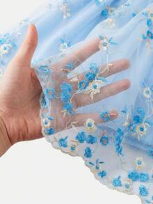 SHEIN Pitira Tween Girl Woven Mesh Embroidered Square Collar Fitted Petal Sleeve Princess Dress,Kids - Baby Blue - View 5
