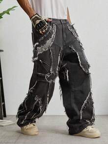 GALLERY FADE Men's Casual Street Style Distressed Flared Leg Grey Jeans - Dark Grey - View 1