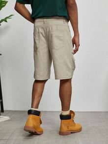 GALLERY FADE Spring/Summer Casual Loose Straight Leg Light Khaki Pleated Denim Shorts - Khaki - View 3