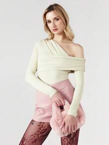 OverBlushhh Body asimétrico de un solo hombro con drapeado y manga larga - Caqui - Ver 1