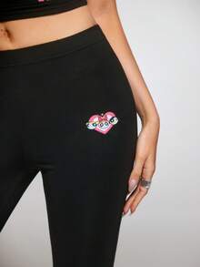 THE POWERPUFF GIRLS X SHEIN 女士字母印花休闲百搭日常打底裤 - 黑色 - 查看 8