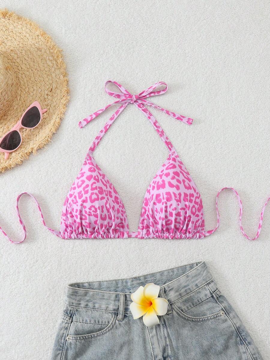 Swim Mod Plus Size Women Leopard Print Halter Backless Bikini Top - Multicolor - View 1