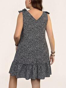 SHEIN LUNE Robes d'été grande taille pour femmes Robe courte à imprimé léopard, col V, sans manches avec nœud sur les épaules. Robes d'été décontractées pour femmes. Tenues d'été pour femmes. Robe à pois pour femmes. Robes d'été décontractées pour femmes. Robe d'été avec boutons, imprimé noir et blanc. Robe d'été sans manches - Noir et Blanc - Voir 2