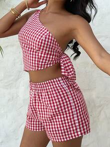 Aloruh 女士格子单肩上衣和松紧腰短裤休闲两件套 - 酒紅色 - 查看 8