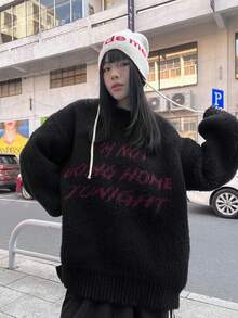 DAZY 女款圓領撞色字母休閒毛衣，秋季女裝校園風 - 黑色 - 查看 2