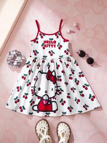 HELLO KITTY AND FRIENDS | SHEIN 年轻女孩夏季休闲度假卡通樱桃字母图案撞色包边连衣裙 - 紅白色 - 查看 1