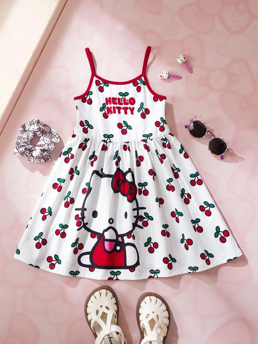 HELLO KITTY AND FRIENDS | SHEIN 年轻女孩夏季休闲度假卡通樱桃字母图案撞色包边连衣裙 - 紅白色 - 查看 1