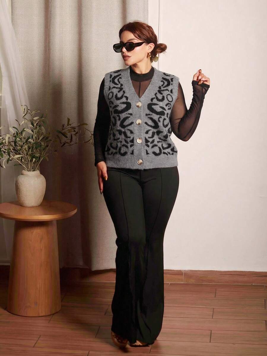 Lupita Cardoza 女式单排扣 V 领豹纹针织背心，秋冬休闲款 - 彩色 - 查看 1