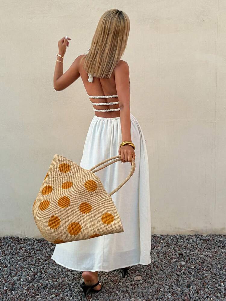 White Lace-Up Backless Midi Dress, Suitable For Summer Vacation