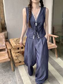 DAZY Bộ đồ hai mảnh dành cho nữ, gồm áo vest ren chắp vá kiểu Pháp cổ điển và quần jeans ống rộng. - Màu xanh lam - Xem 4