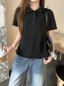 DAZY 女士清新韩风波点图案 Polo 领短袖衬衫 夏季 - 黑色 - 查看 3