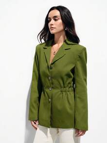 Aveloria Modichic Fashionable Commuter Versatile Daily Wear Faux Linen Elegant Waist Cinched Long Sleeve Blazer - Green - View 5