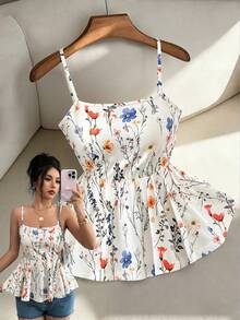 SHEIN Elenzya 女士夏季印花方领收腰A字吊带背心，性感夏季上衣，印花吊带背心，时尚优雅度假风日常穿着 - 彩色 - 查看 1