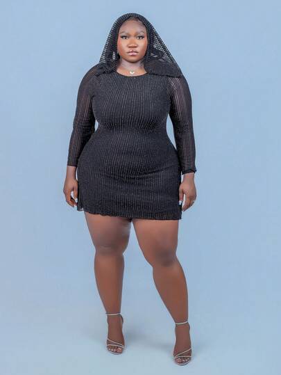 CurvyTilda 大码女式秋冬时尚优雅舒适派对亮黑色露背喇叭袖短裙，秋季服装，优雅派对礼服，晚礼服别致婚礼