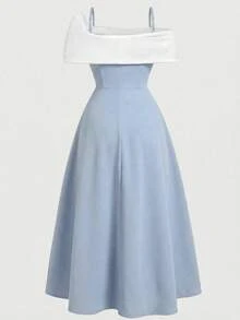SHEIN Đầm dạ hội thanh lịch cho bé gái tuổi teen, kiểu dáng trễ vai, đính nơ lớn, phối màu tương phản, viền bèo nhún. - Màu xanh nhạt - Xem 2