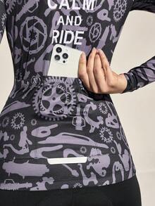 Exploreva 女士标语自行车印花长袖拉链骑行服 - 黑色 - 查看 6