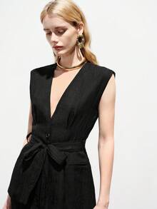 Aveloria Modichic Women's Solid V-Neck Knotted Waist Design Vest Top And Flare Pants Suit, Fashionable For Commuting And Outings Black Sleeveless Dress Low Cut Dress Tie Front Dress Black Dresses For Women Summer Black Silk Dress - Black - View 4
