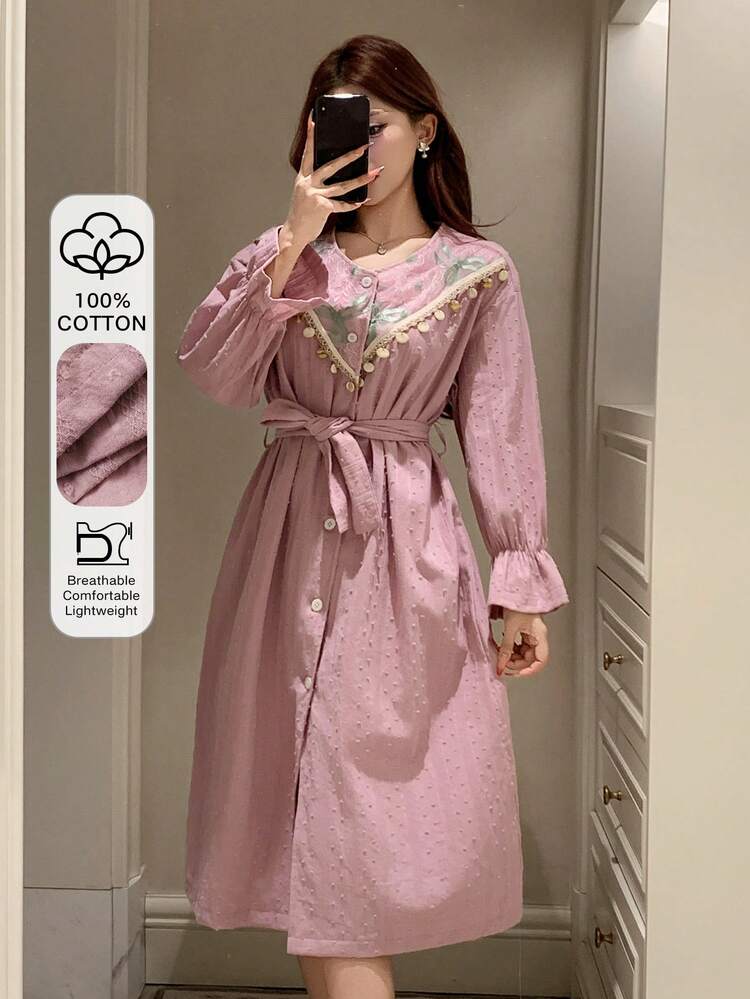 Colorful Lace Patchwork Loose Long Cardigan, Long Sleeve Robe, Women Spring Loungewear Outerwear