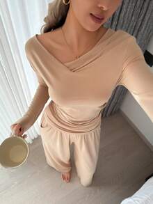 DAZY Minimalist Knit Draped Neck Fitted Top And Wide Leg Pants Women Loungewear Set - Camel - View 3