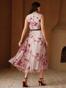 Anewsta 红色3D蝴蝶优雅无袖收腰网纱连衣裙 - 酒紅色 - 查看 2