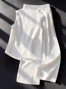 Resyla White 2 Pieces Set For Women, Loose Fit Camisole Vest Top And Wide Leg Pants, Summer - White - View 2
