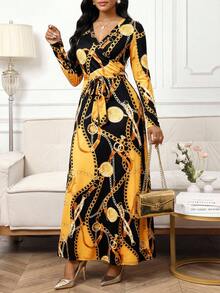 SHEIN Lady Women's Fashionable Commuter Colorblock Chain Print Long Dress - Yellow - View 5