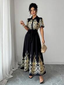 Elenzga 女士优雅印花翻领连衣裙 - 彩色 - 查看 6