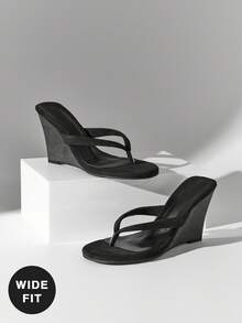 SHUZIA Sandal đế xuồng dáng rộng tối giản bằng da lộn giả, dành cho nữ. - màu đen - Xem 4