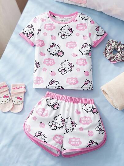 HELLO KITTY AND FRIENDS | SHEIN 女童字母卡通印花圆领短袖上衣和松紧腰短裤休闲睡衣套装