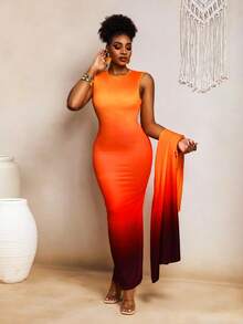 BamGleam Set de 2 piezas: Bata suelta con efecto ombré y vestido ajustado sin mangas - Multicolor - Ver 6