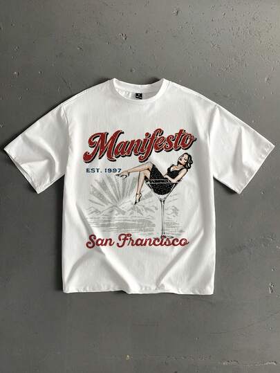 StoneGrade 复古鸡尾酒女郎印花宽松短袖T恤，时尚休闲，适合约会和派对穿着，也可作为送给男友的礼物