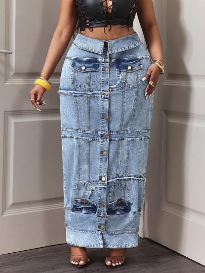Slaydiva Plus Size Casual Washed Front Button Extra Long Denim Skirt