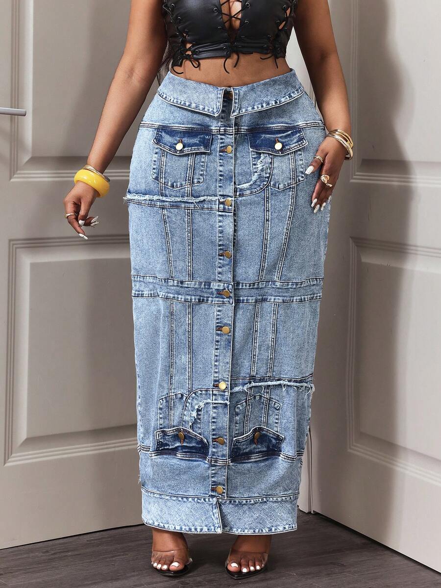 Slaydiva Plus Size Casual Washed Front Button Extra Long Denim Skirt - Blue - View 1