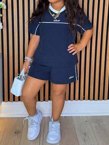 DAZY Young Girls V-Neck Korean Style Short Sleeve Shirt And Shorts 2 Pieces Set - Blue - View 7