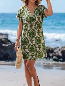 Sylviya 滿版印花缺口領蝙蝠袖洋裝 - 綠色 - 查看 5