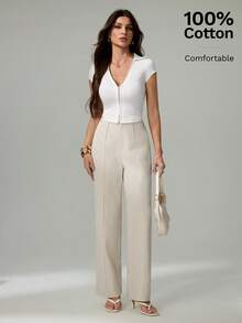 SHEIN Tall 夏季女士浅米色100%纯棉休闲优雅西装裤 - 卡其色 - 查看 7