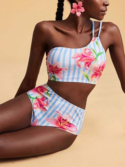 Travachic Conjunto de traje de baño con estampado floral y de rayas para mujer, ideal para vacaciones y playa