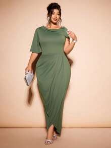 Cravure Vestido mini ajustado de manga corta asimétrico de hombro para mujer de talla grande, elegante y de punto, color verde del ejército - Verde militar - Ver 4